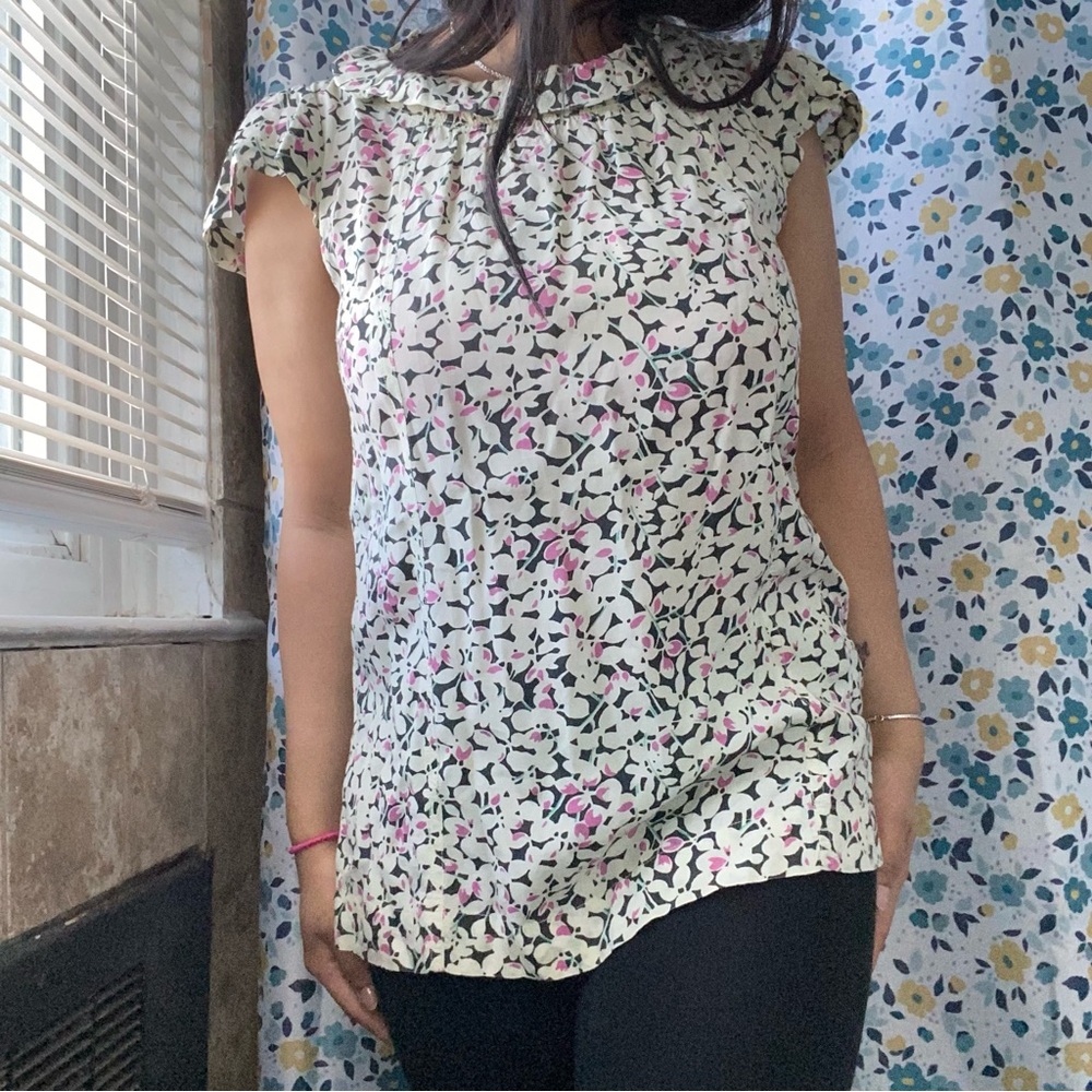 Women's Cream Floral Cap-Sleeve Blouse with Pink Accents